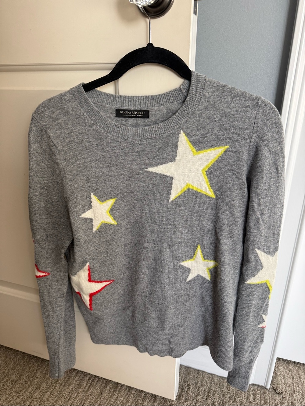 Banana Republic Gray Crewneck Sweater with Star Motifs